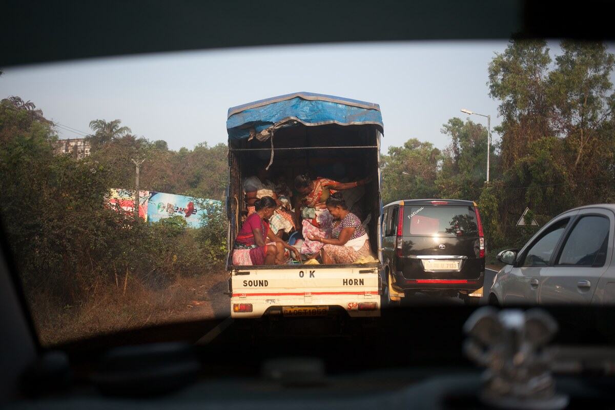 Women prepare fish in the back of a vehicle at a Goa fish market.