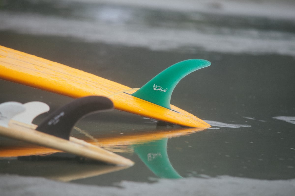 Yellow and green surfboard fins skim wet sand on the Pacific edge.