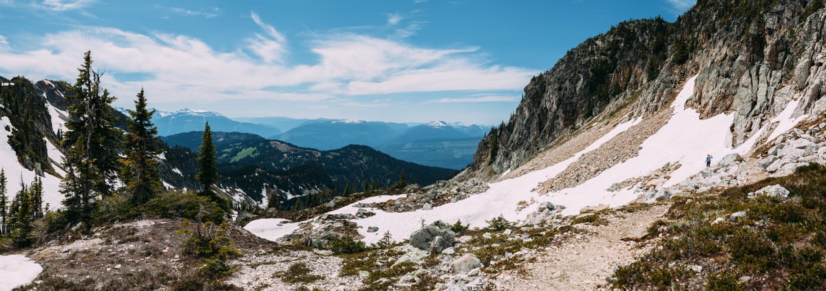 A panoramic alpine ridge and valley view from Mount Revelstoke.