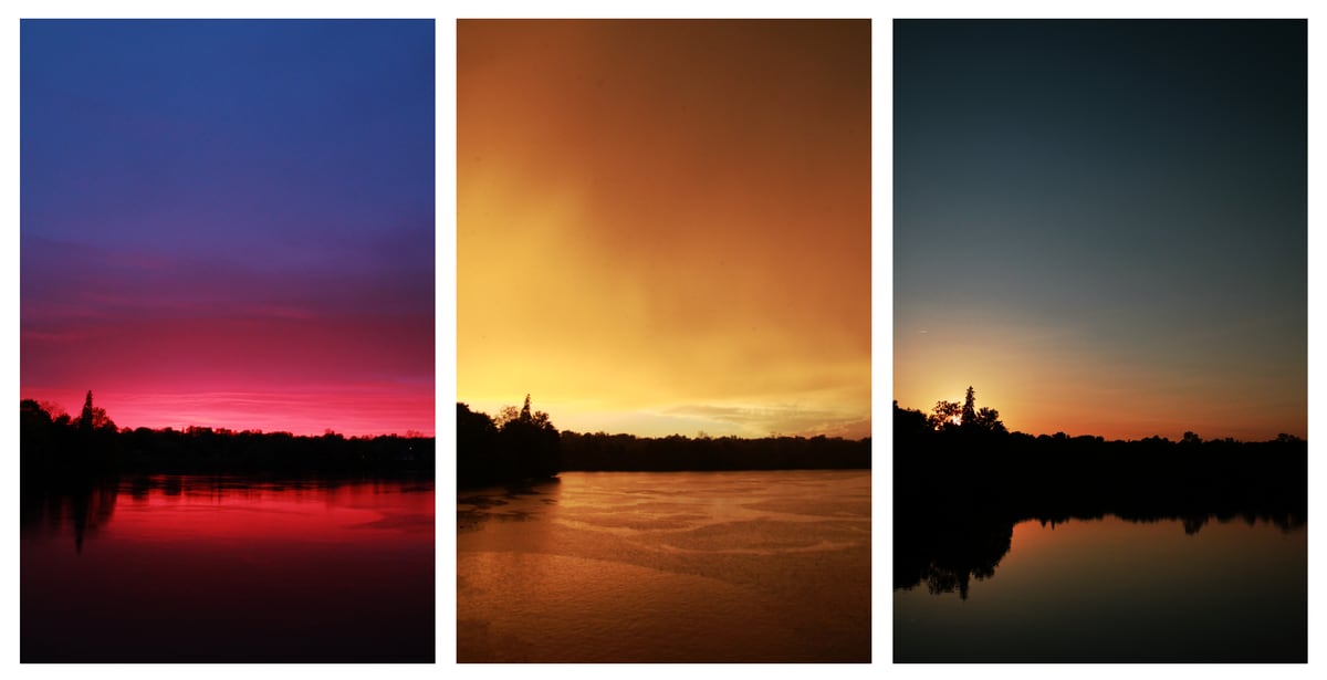 A triptych of three warm sunset studies, held together as one graphic print.