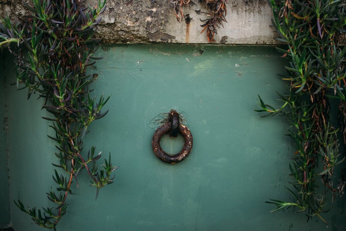 A turquoise door and metal ring detail at Baker Beach, where plants reclaim old military concrete and metal.