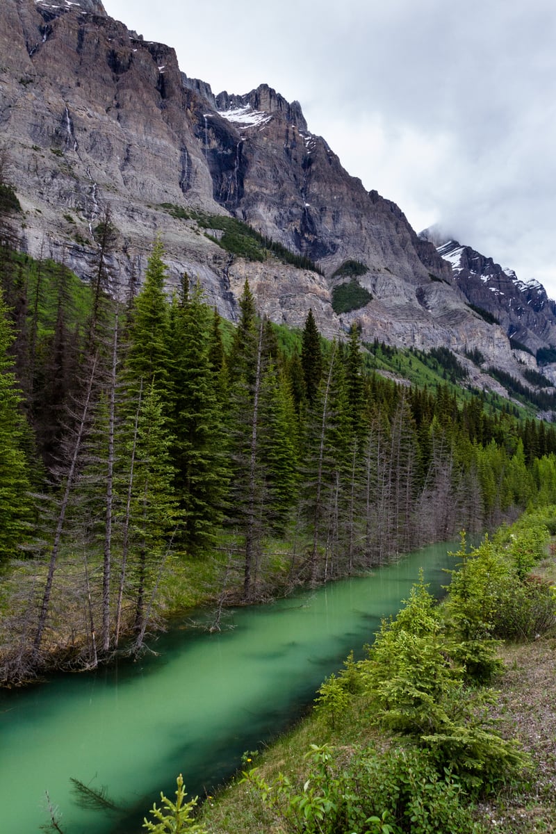 Turquoise water runs below a steep mountain and forest wall outside Jasper, Alberta.