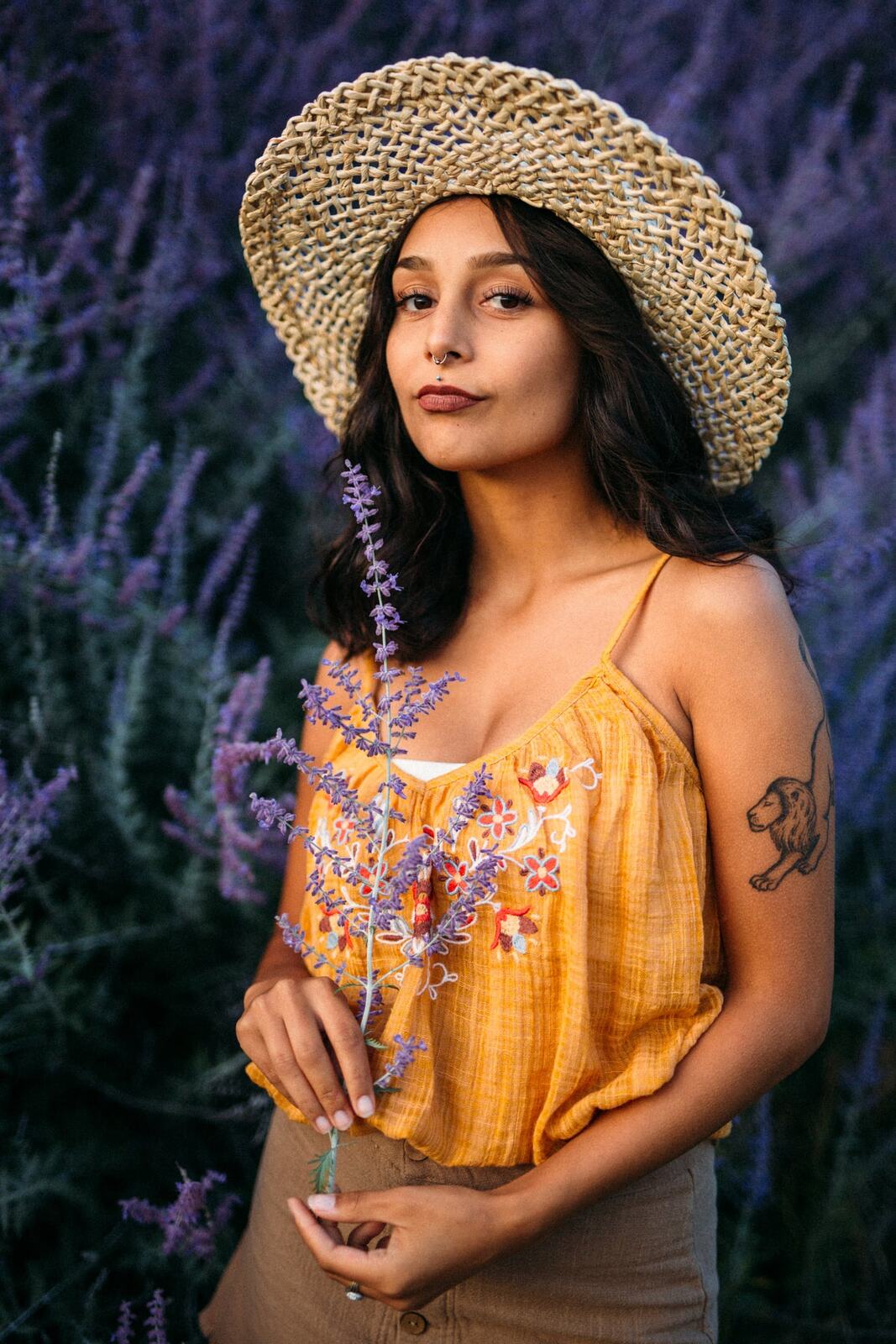 Angelica in Garden Light story frame 16: Mirror play, garden colour, straw hat and reflective frames with a quieter kind of romance.