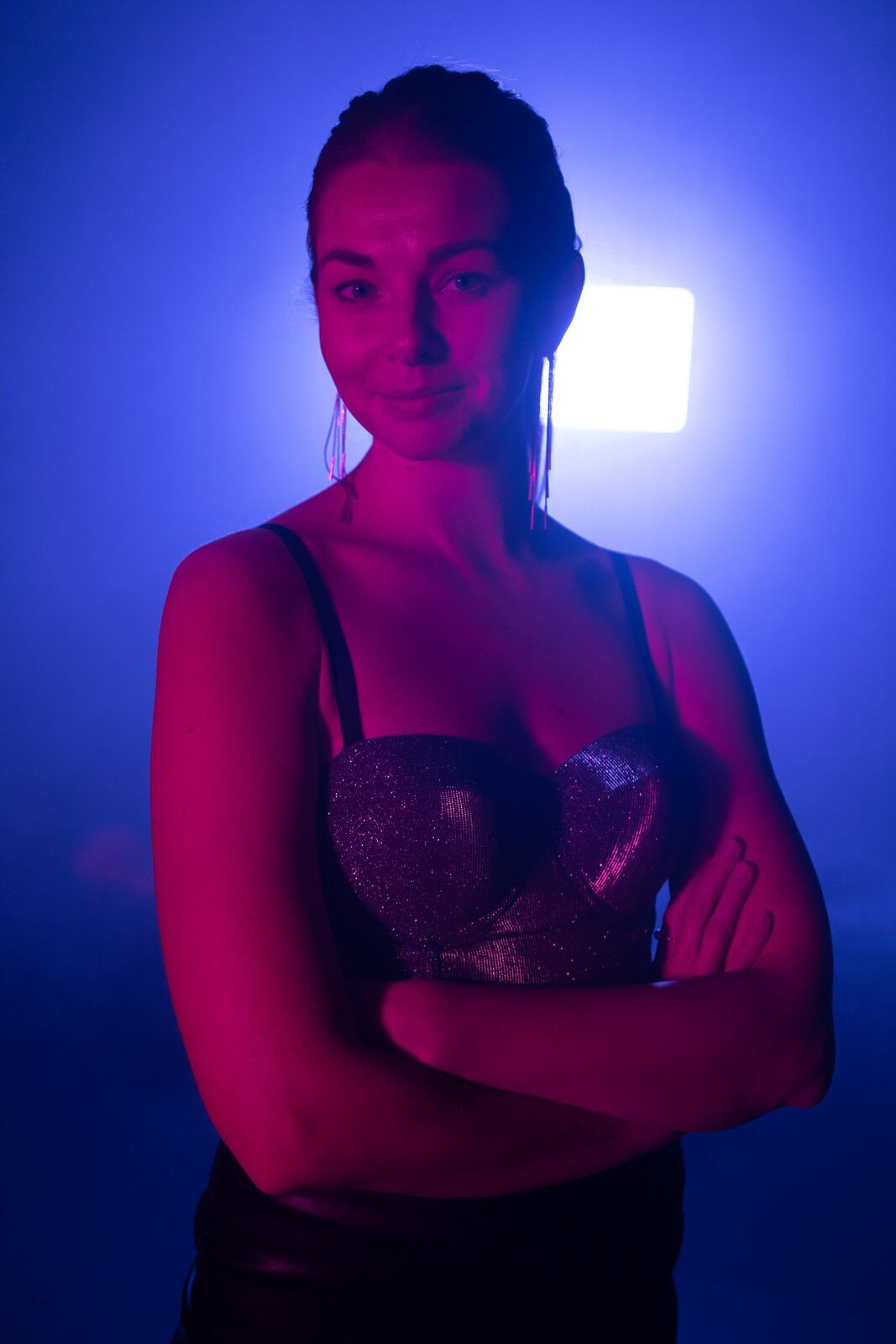 Angela in Colour portraits story frame 43: Angela in a colourful studio portrait set with clean expression, styled wardrobe, controlled light and a polished creative-portrait feel.