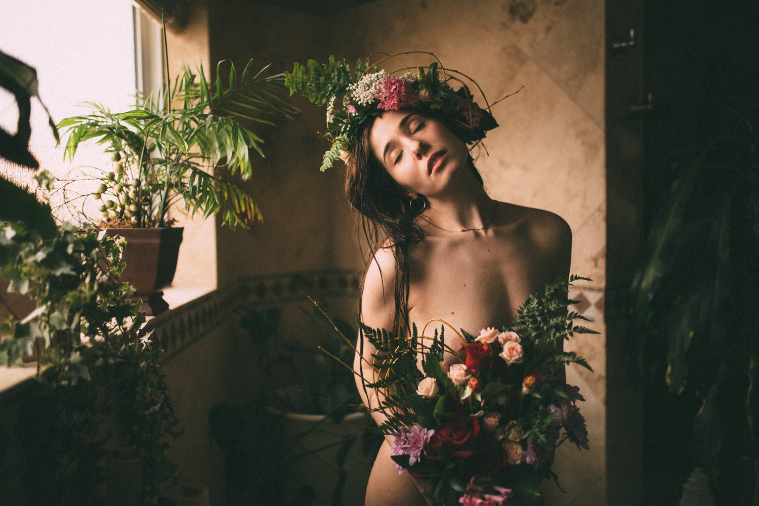 Bailey in Kelowna portraits story frame 46: Two portrait sessions moving through window light, body line, bold colour, foliage and floral-bath portraits.