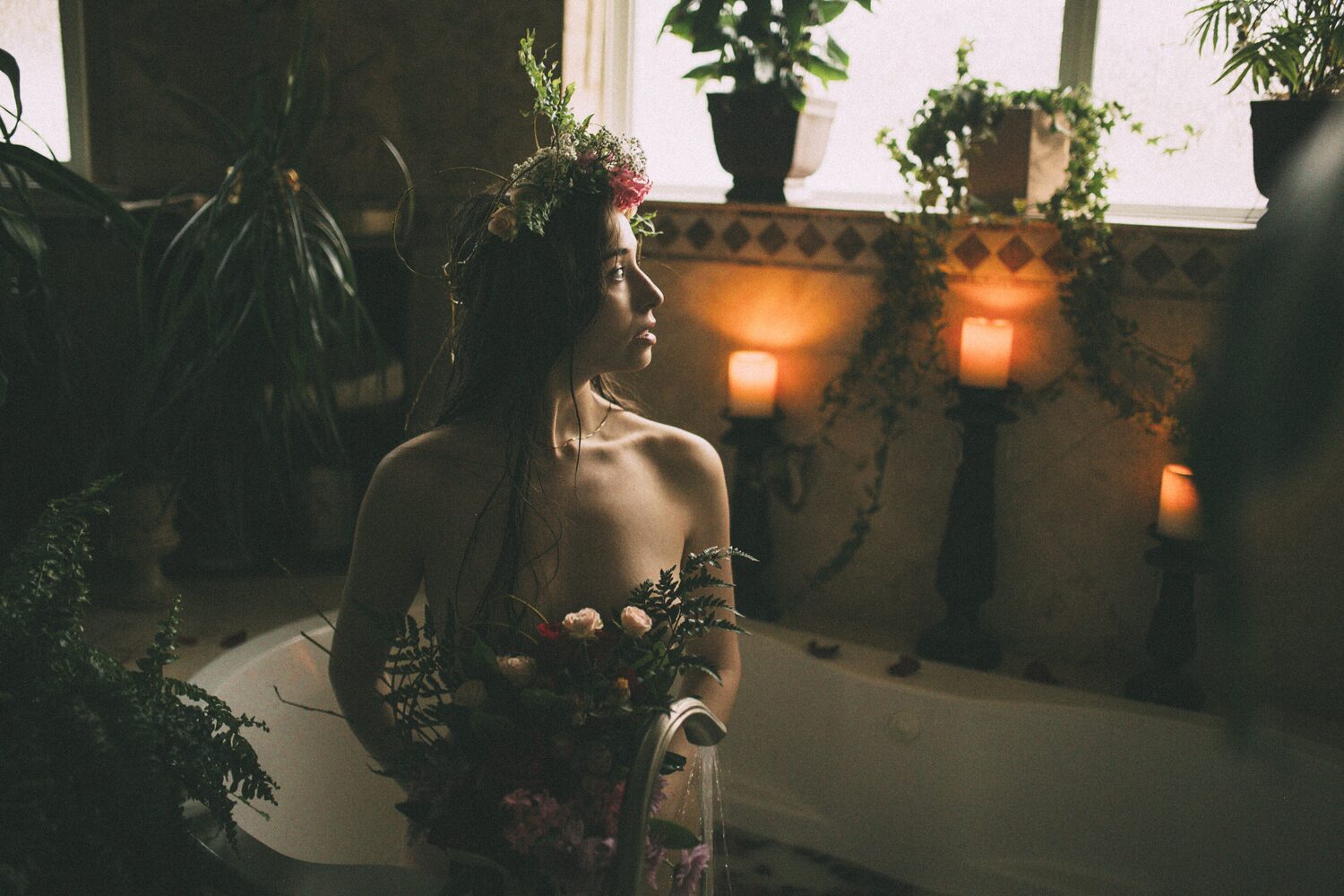 Bailey in Kelowna portraits story frame 47: Two portrait sessions moving through window light, body line, bold colour, foliage and floral-bath portraits.