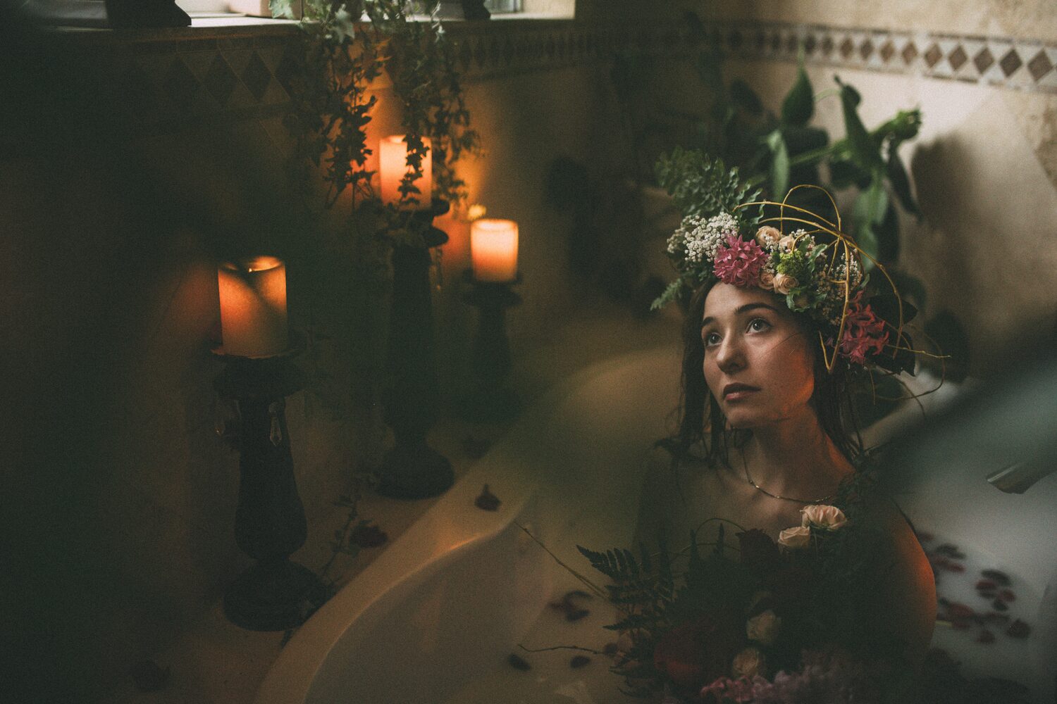 Bailey in Kelowna portraits story frame 49: Two portrait sessions moving through window light, body line, bold colour, foliage and floral-bath portraits.