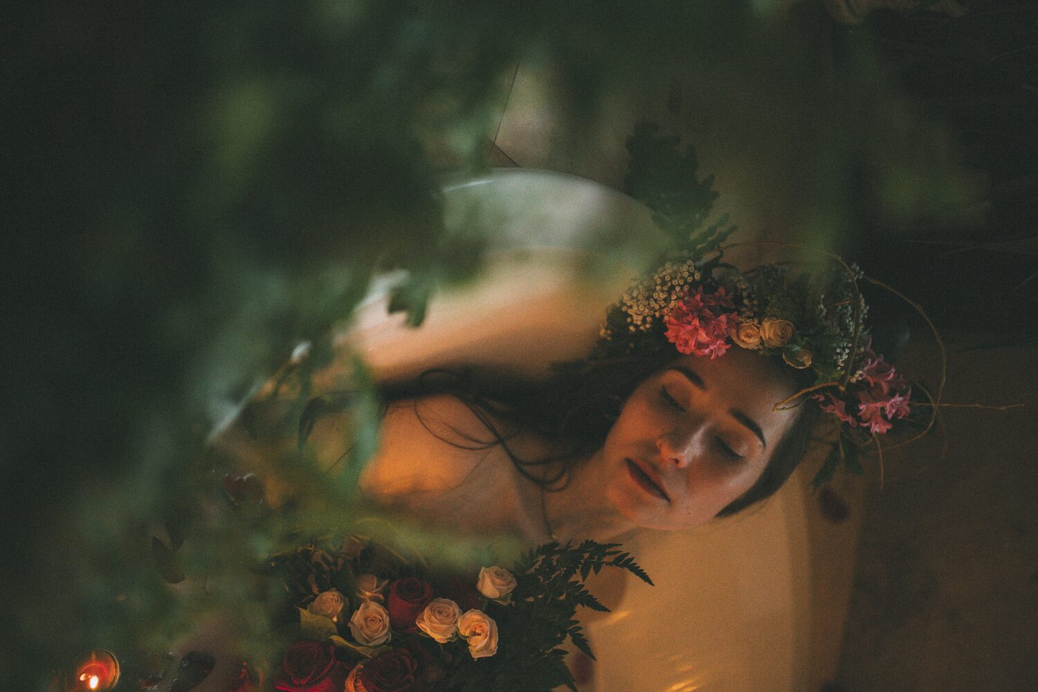 Bailey in Kelowna portraits story frame 51: Two portrait sessions moving through window light, body line, bold colour, foliage and floral-bath portraits.