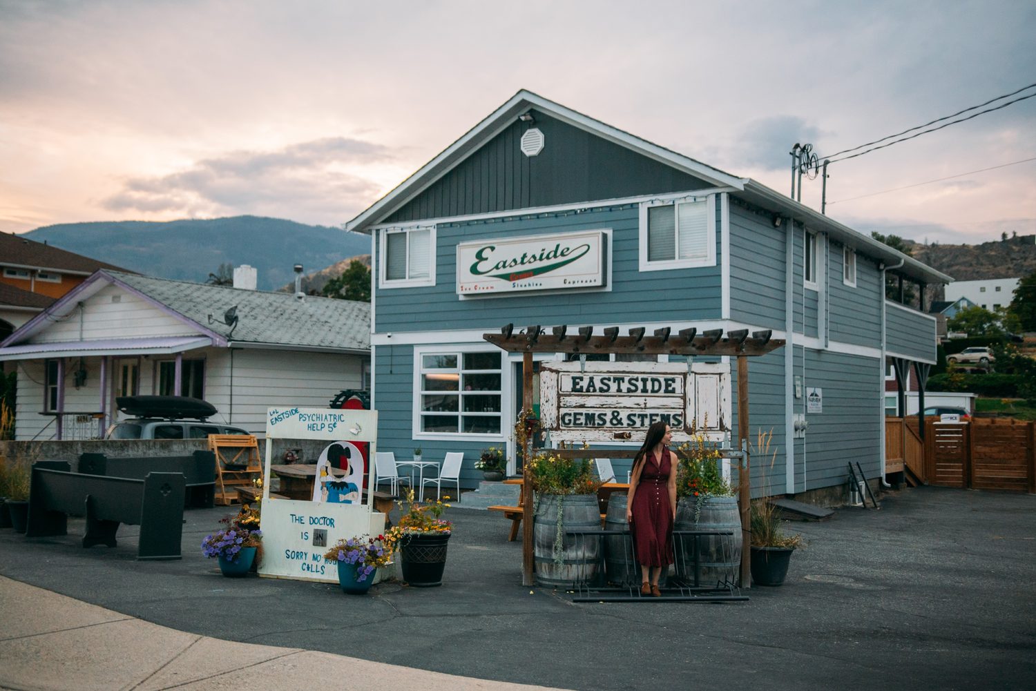 Bailley of Gems & Stems corporate story frame 17: Brand photography for Bailley of Gems & Stems in Oliver, BC, with flowers, owner portraits, Eastside signage, shop details and warm maker-led business imagery..