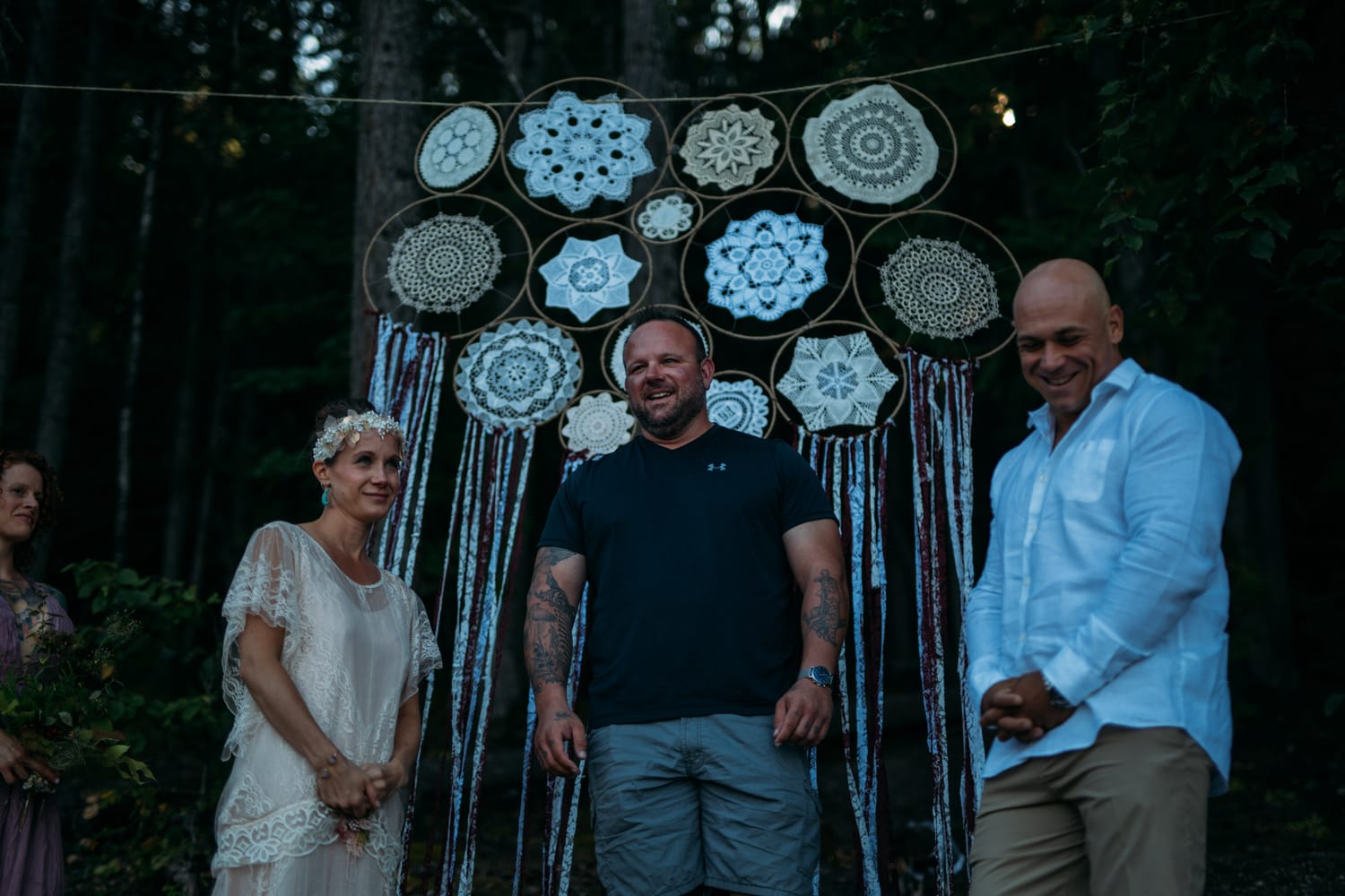Carmel and Chris weddings story frame 15: A Sicamous and Shuswap Lake houseboat wedding that moved from water to beach, with friend-community overlap and a relaxed lakeside feeling..