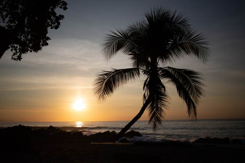 Costa Rica Afterglow story frame 12: A small Costa Rica travel sequence with ocean dusk, palms, jungle paths, waterfall light and print-minded details.