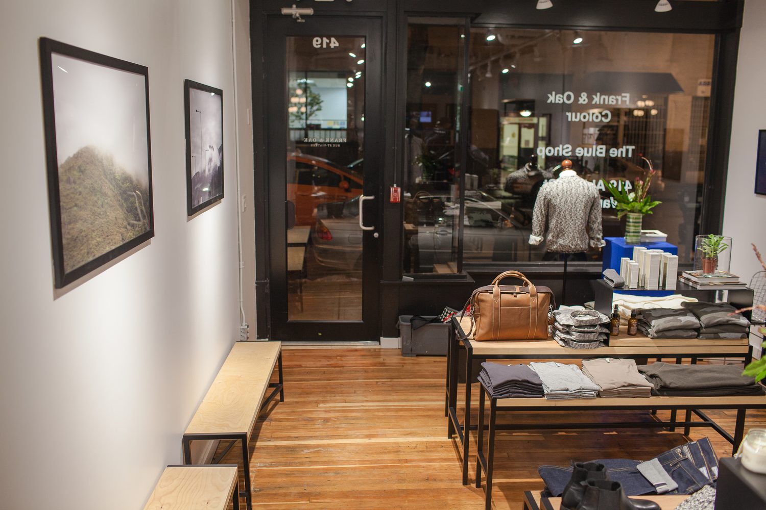 Frank & Oak Colour corporate story frame 7: Retail event photography for Frank & Oak Colour at The Blue Shop on Abbott Street in Vancouver, with the storefront, guests, clothing, details and the room in use.