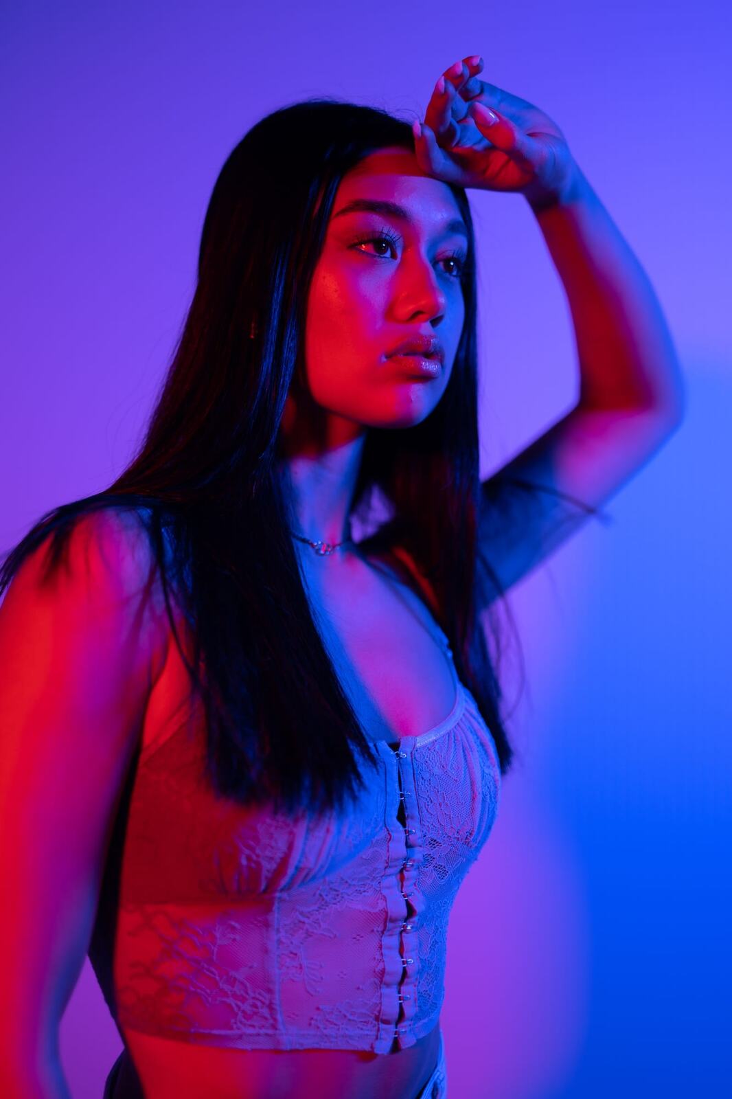 Julia Studio Portraits portraits story frame 8: Julia in a studio portrait session with creative wardrobe, controlled colour, performer-friendly direction and polished artist-profile range.