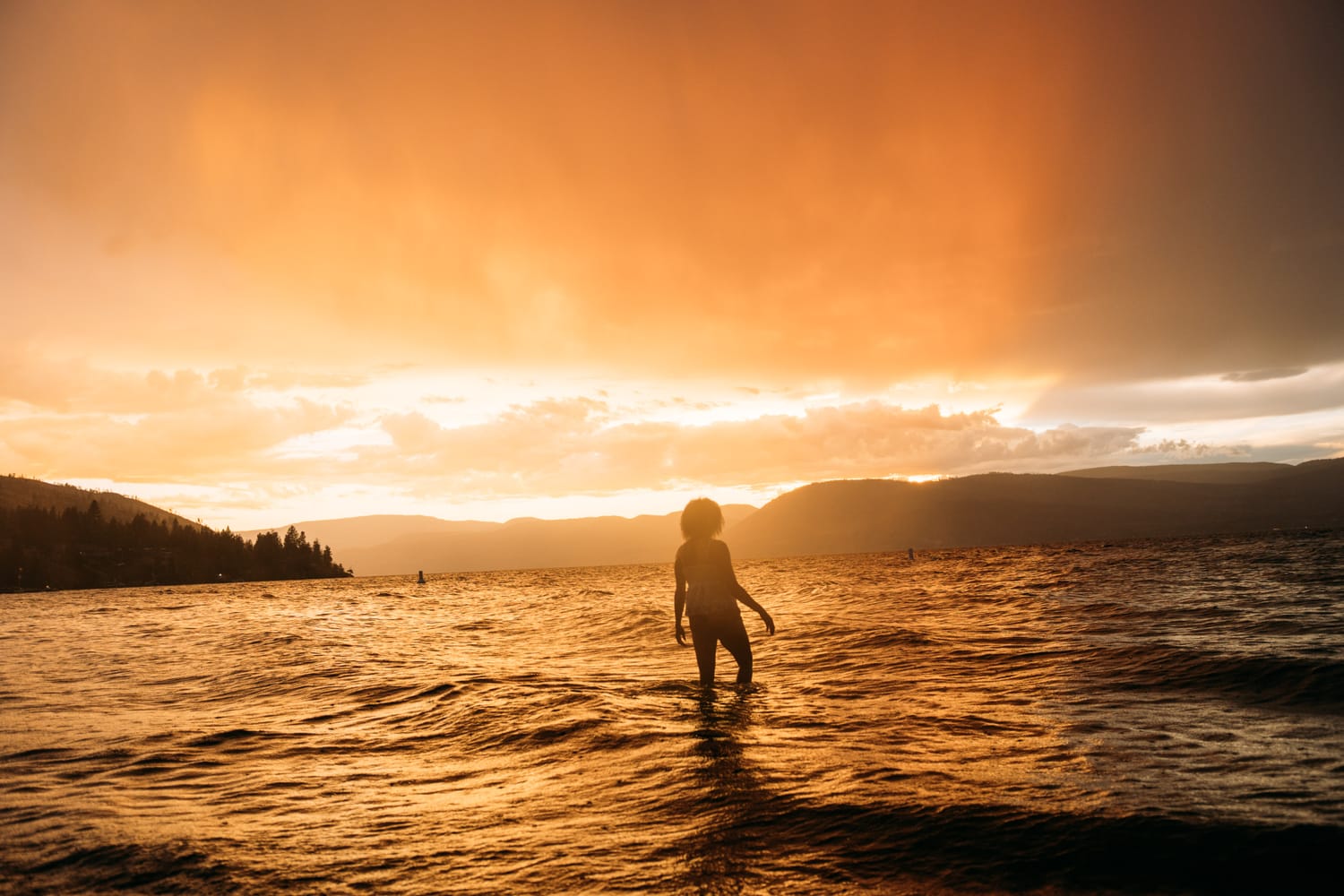 Rebekah at Bertram portraits story frame 16: A Bertram portrait story moving from floral dress and lake light into black dress, white shirt, sunset and water silhouettes.
