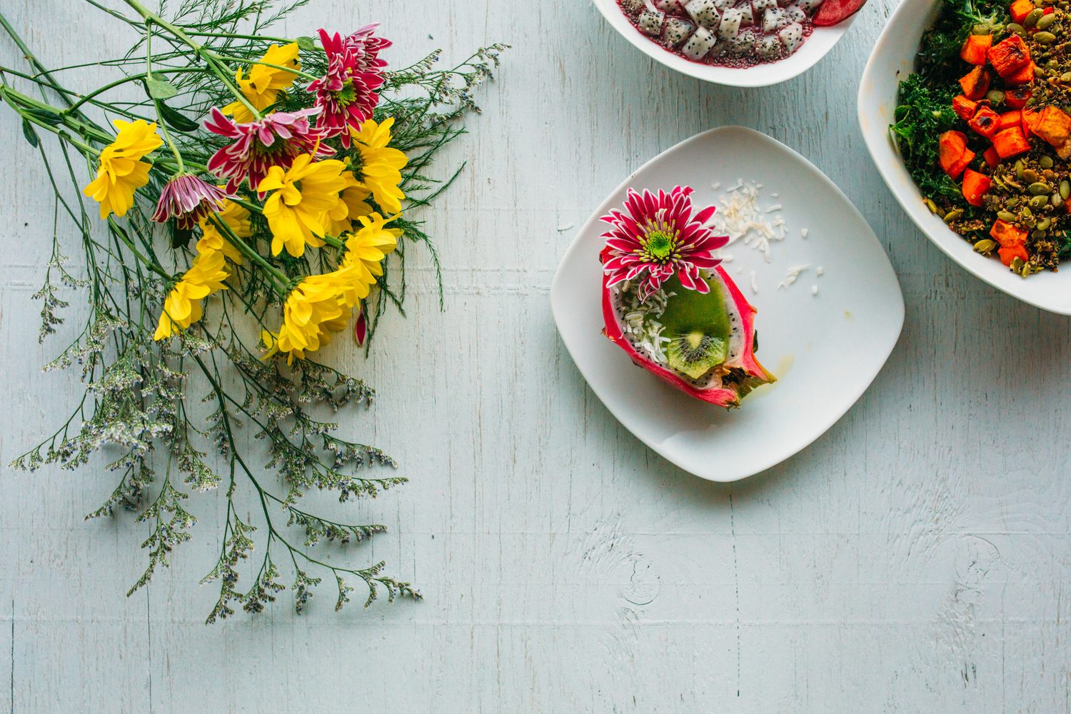 Smudge Noshery corporate story frame 7: Food and hospitality brand photography for Smudge Noshery in Salmon Arm, BC, with colourful flatlays, smoothies, bowls, cafe details and commercial product images for a local restaurant..