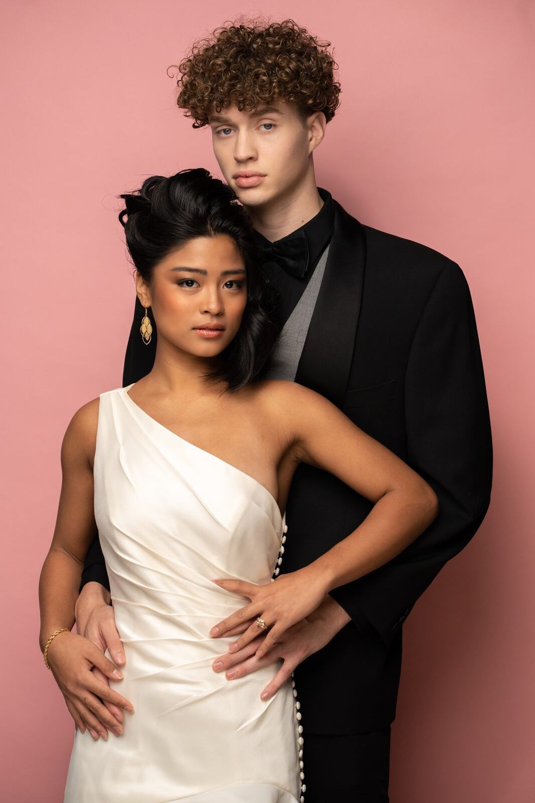 The Barbershoppe / Diva Den Bridal Formals corporate story frame 24: Collaborative bridal-formal brand photography for The Barbershoppe and Diva Den Day Spa, with hair, makeup, formal looks, studio portraits and campaign-ready beauty imagery..