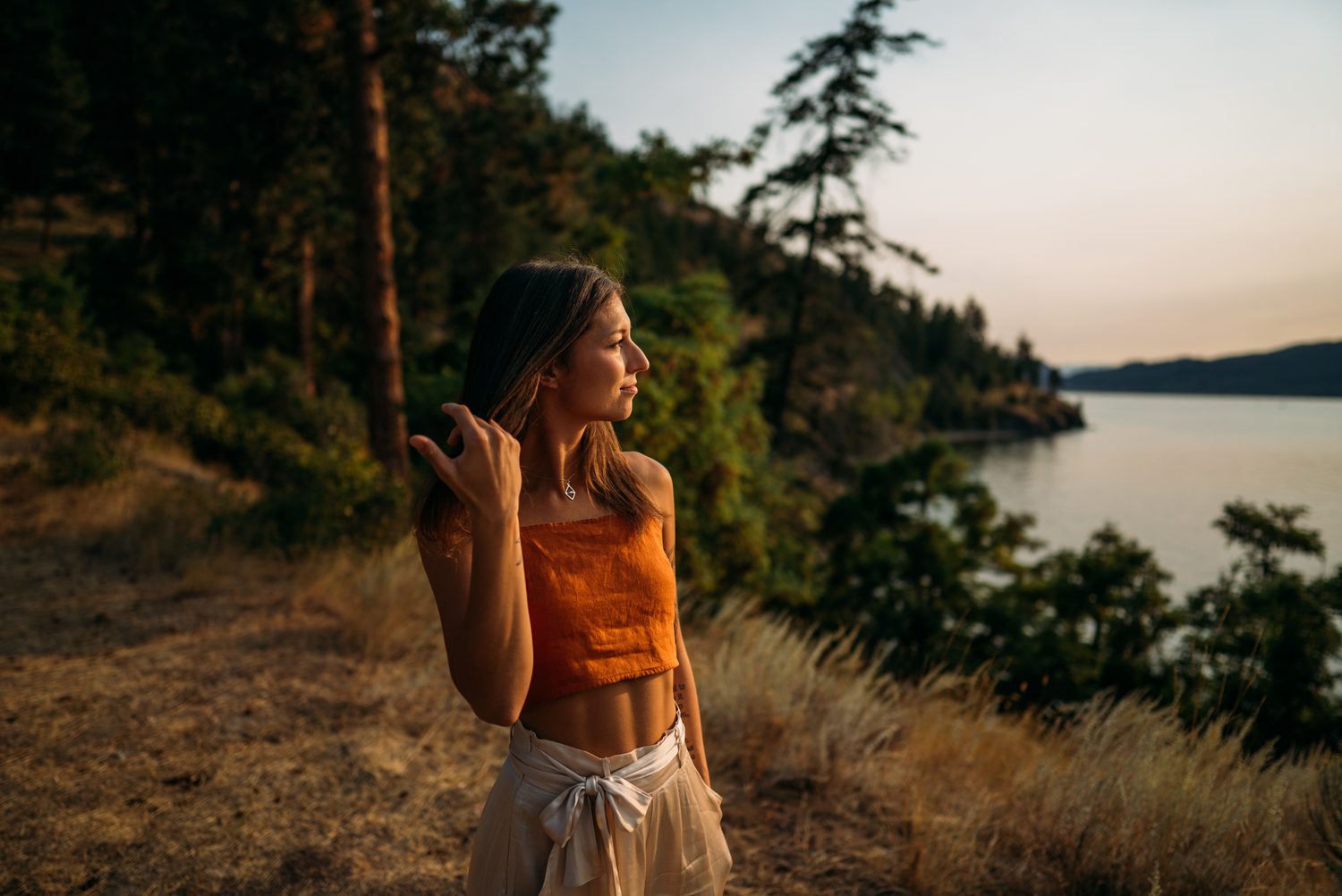 The Living Narrative, Sol corporate story frame 10: Personal-brand photography for The Living Narrative in Kelowna, with Sol in warm Okanagan light, lakeside portrait range and profile-ready images for creative business use..