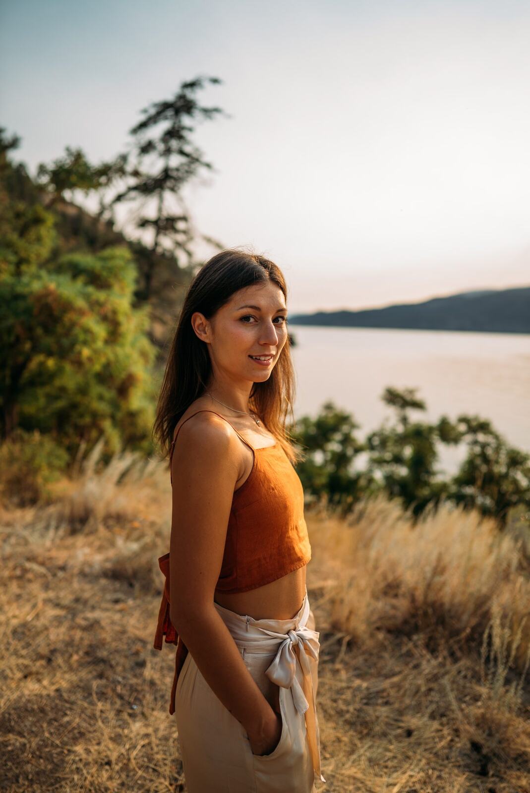 The Living Narrative, Sol corporate story frame 13: Personal-brand photography for The Living Narrative in Kelowna, with Sol in warm Okanagan light, lakeside portrait range and profile-ready images for creative business use..