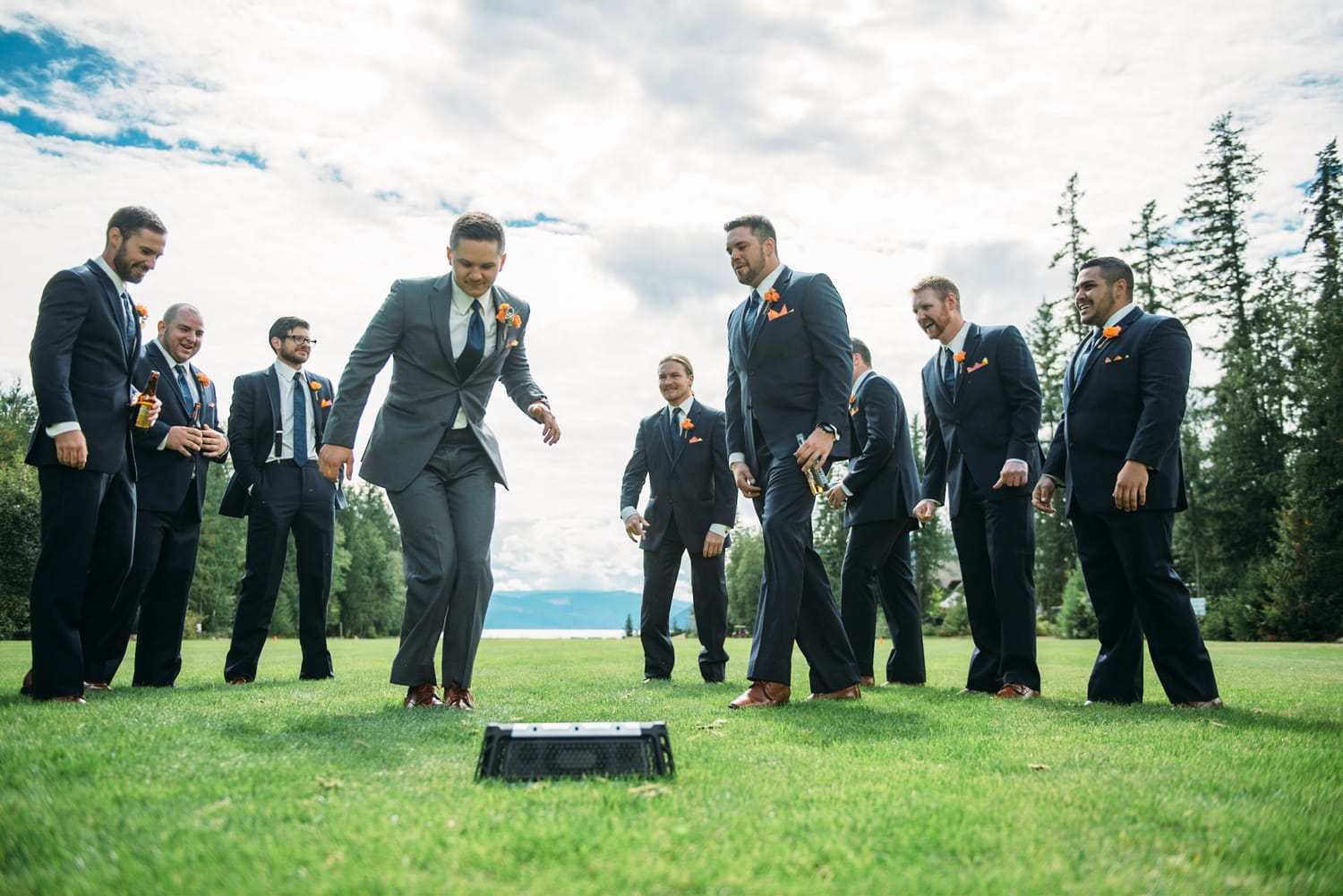 Tia and Matt weddings story frame 11: A Mabel Lake Airpark wedding in the North Okanagan, with grass-runway scenery, mountain openness and a warm end-of-night invitation..